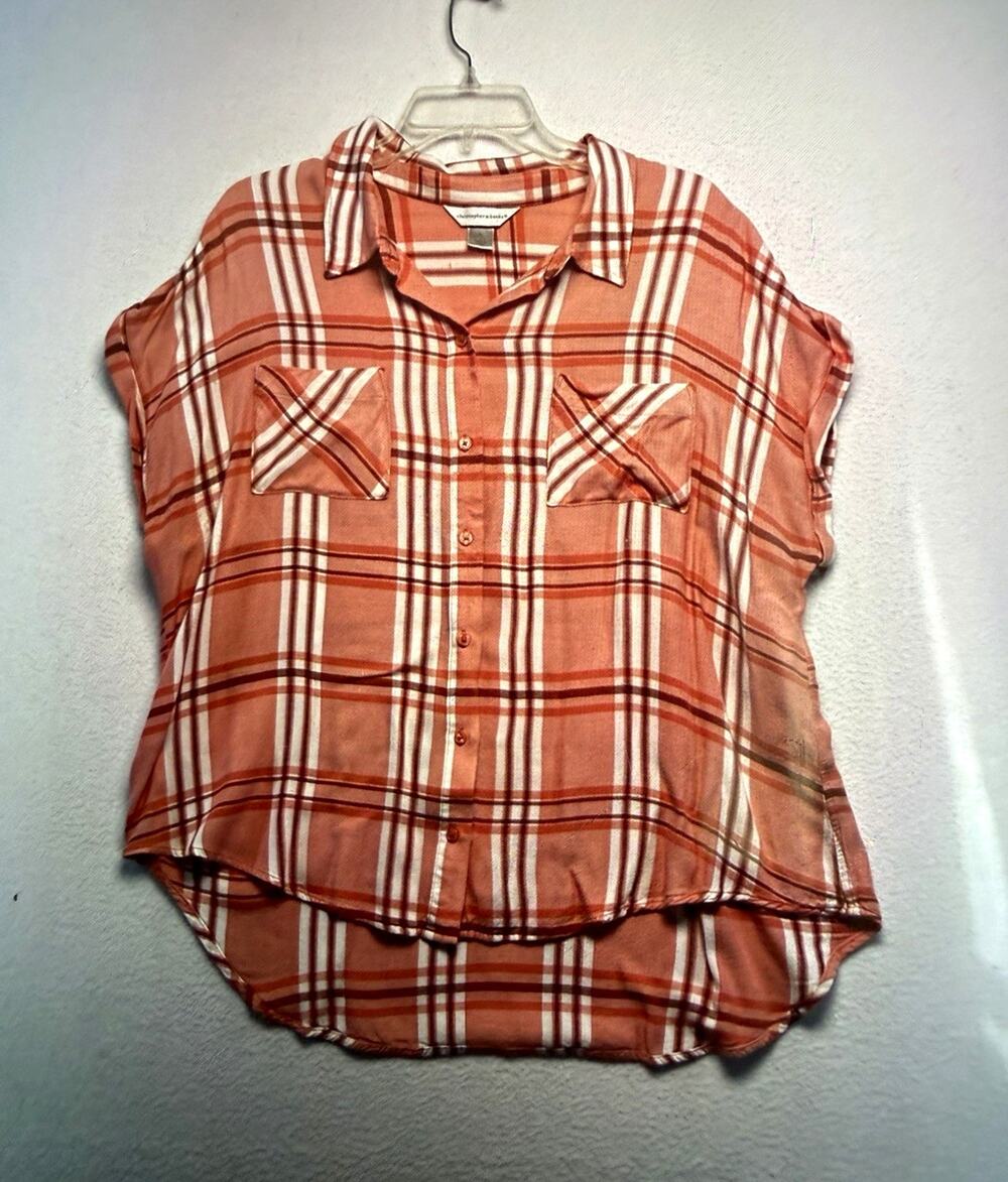 Christopher & Banks XL Orange Plaid Short Sleeve Collared Button-Up Rayon Top